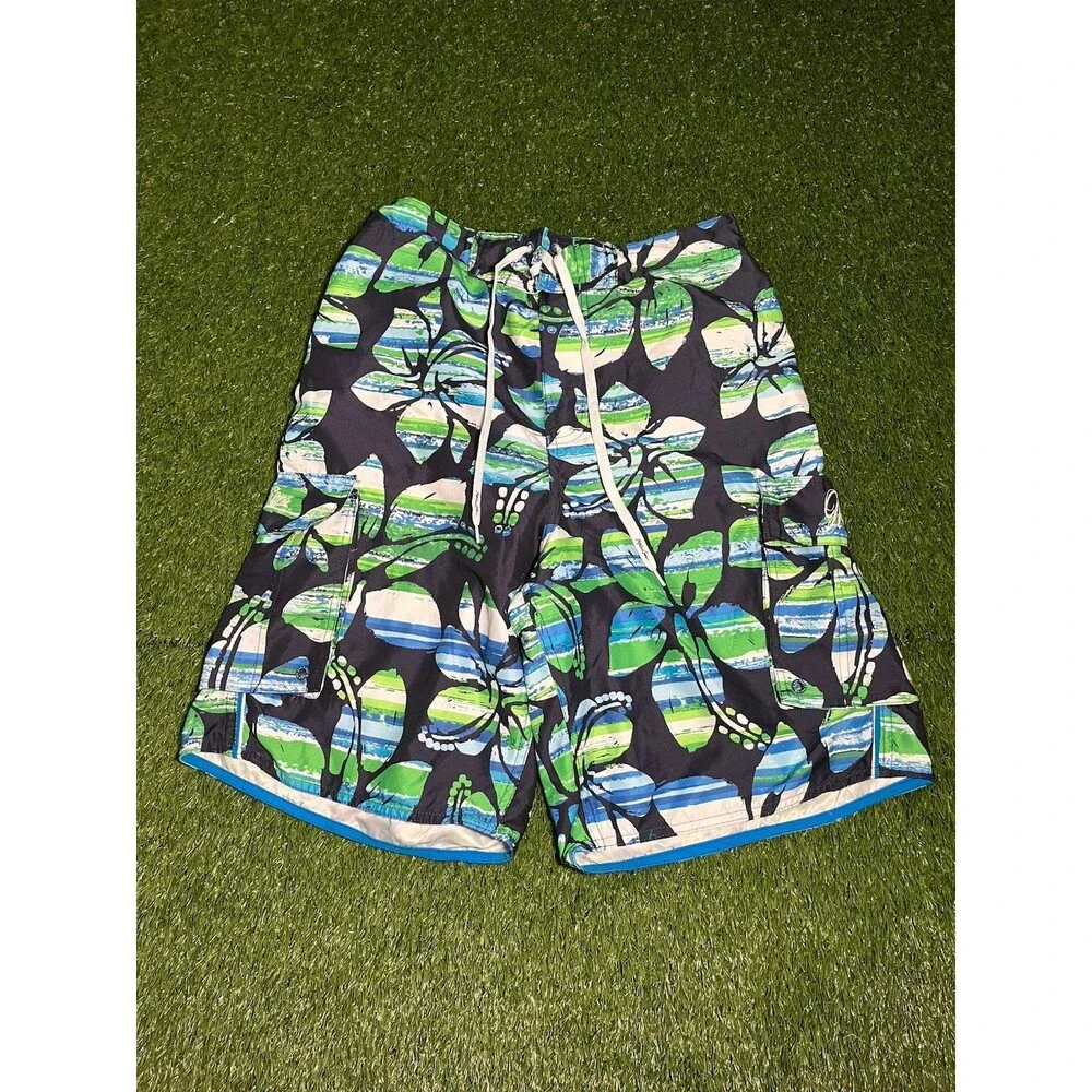 Maui and Sons Swim Trunks Floral Black Green Blue Men's M Elastic Waist Lined